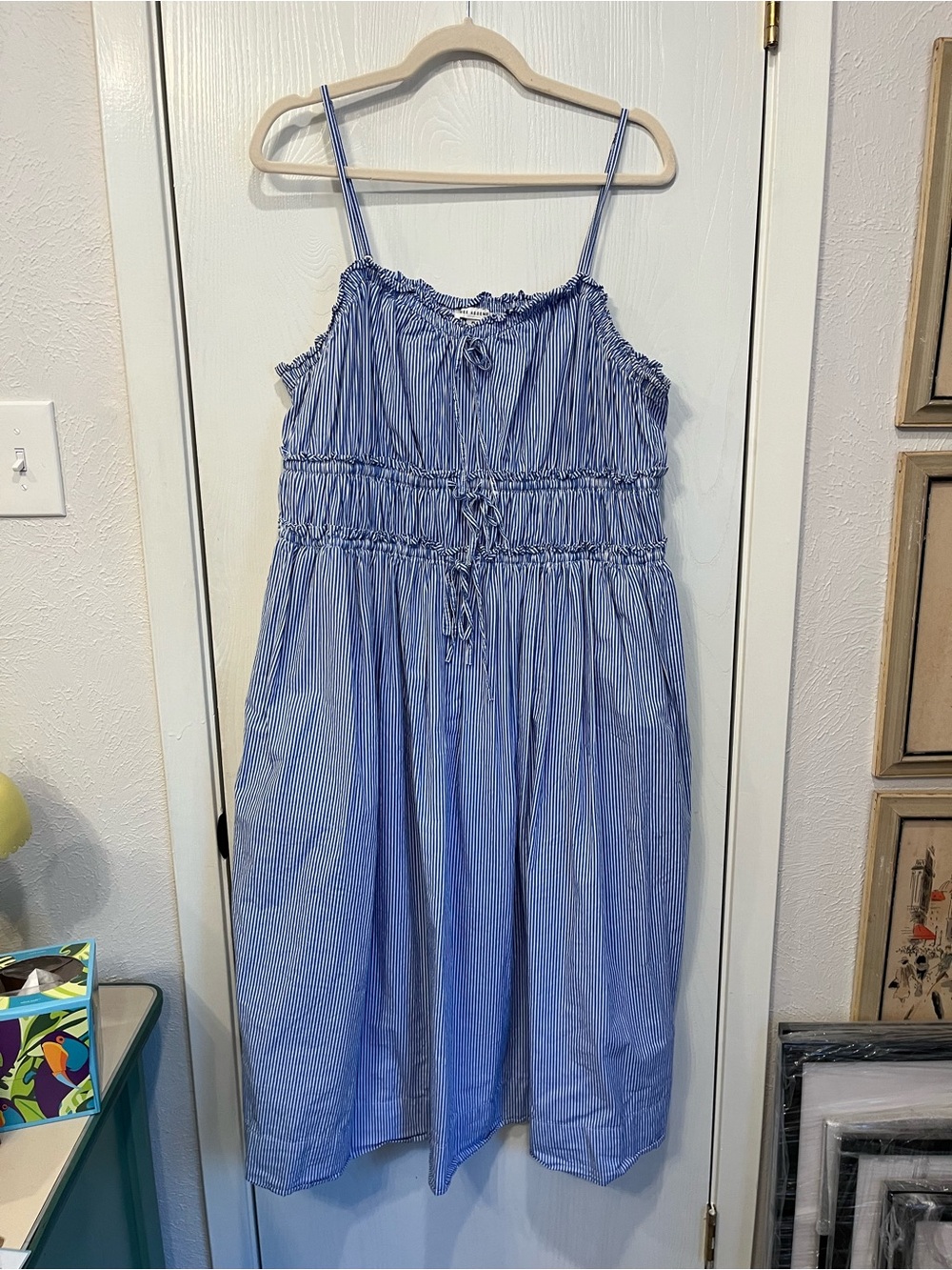 Free Assembly French Blue White Striped Strappy Cotton Sun Summer Dress Size XL